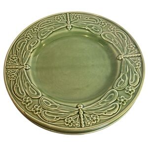 Vintage Cost Plus World Market Set 4 Plates Sage Green Dragonfly Cabbage Ware